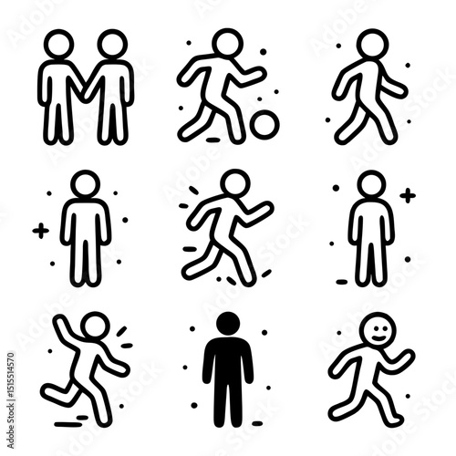 Stickman icons suitable for web design, presentations, and educational materials, each showing different actions like running, reading, and jumping.