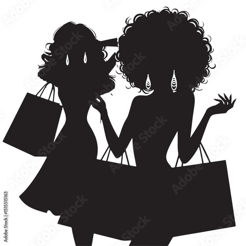 Black Woman with Shopping Bags Vector Illustration, Solid White Background