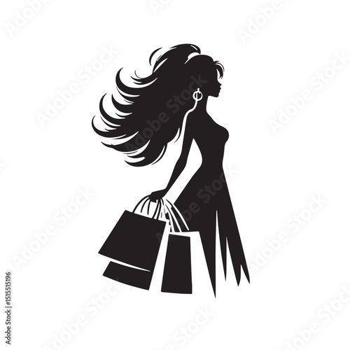 Black Woman with Shopping Bags Vector Illustration, Solid White Background