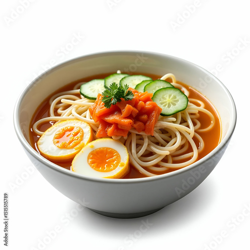 Cold noodles (Naengmyeon) served on white background isolated featuring thin noodles in a cold broth topped with cucumber egg and kimchi garnish in  Photo Stock  Concept  and empty space on the left s