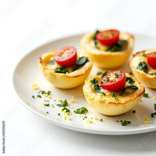 Wallpaper Mural Artisan Baked Egg Cups with Spinach, Cheese & Cherry Tomatoes - Gourmet Food Photography Concept on White Backdrop with Textural Contrast & Empty Space Torontodigital.ca