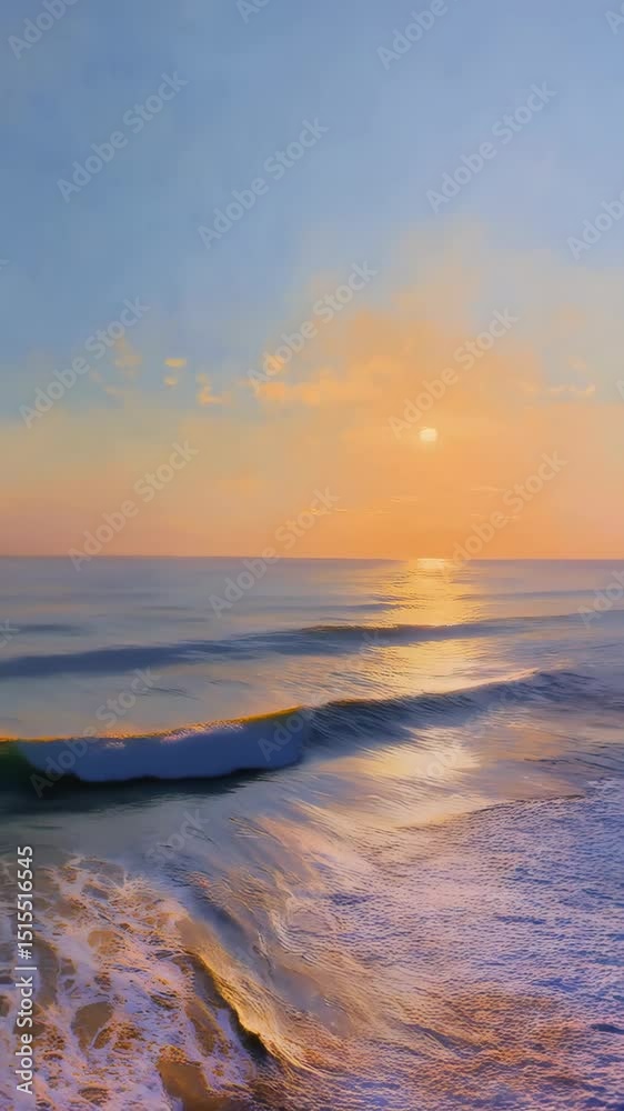 Ocean waves gently roll toward the shore during a tranquil sunrise, casting a golden reflection on the water and clouds in the pastel sky. Ocean waves gently roll toward the shore during a tranquil sunrise, casting a golden reflection on the water and clouds in the pastel sky.