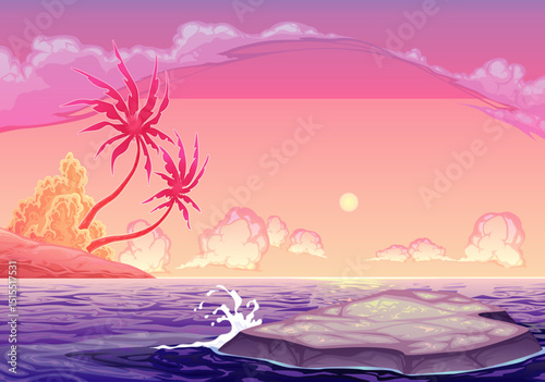 Dreamy Cartoon Tropical Sunset Landscape with Pink Sky, Palm Trees, Ocean, and Island Rocks - Aesthetic Scene