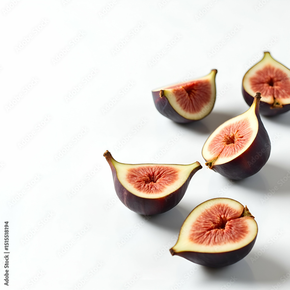 Stunning Close-Up of Fig Halves and Quarters on White Background: A Minimalist Aesthetic Showcasing Deep Purple Skin and Pink Seed Matrix in Sharp Detail for Stock Photography Stunning Close-Up of Fig Halves and Quarters on White Background: A Minimalist Aesthetic Showcasing Deep Purple Skin and Pink Seed Matrix in Sharp Detail for Stock Photography