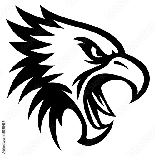 A black and white drawing of an eagle with its mouth open and teeth bared