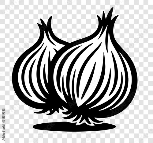 Two large white onions with black stems