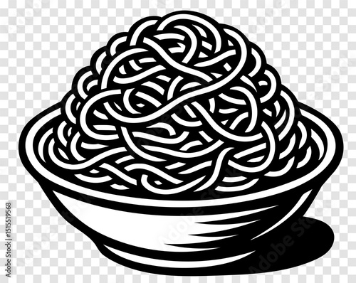 A bowl of spaghetti is shown in a black and white drawing