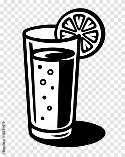 A glass of soda with a slice of lemon on top. The glass is half full and the lemon slice is on the right side of the glass