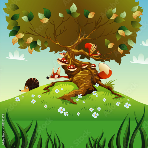 Charming Cartoon Forest Scene with Fox, Hedgehog, Squirrel, Mushrooms, and Wildflowers - Nature Landscape