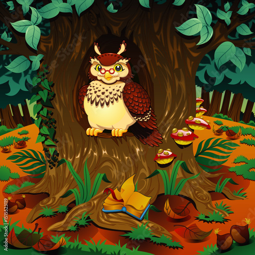 Wise Cartoon Owl in Tree Hollow with Open Book, Mushrooms, and Forest Foliage - Nature Scene