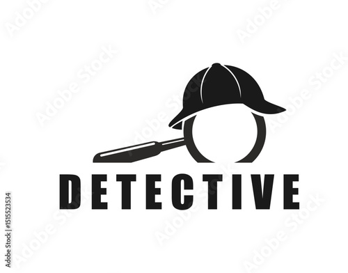 Private detective icon or police inspector and secret agent symbol or emblem featuring a magnifying glass forming a face wearing a hat, symbolizing investigation and mystery themes for agency branding