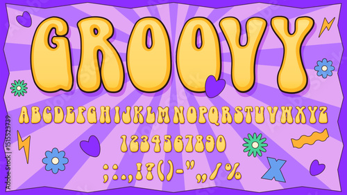 70s groove font, 60s groovy type, hippie typeface. Retro funky alphabet letters and numbers font vector typography with hippy heart and flowers. Vintage groove typeface on psychedelic swirl background