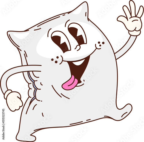 Cartoon groovy pillow, furniture characters. Home sofa, bedroom bed rectangular pillow isolated vector funky personage. Furniture element, healthy sleep comfortable cushion groovy character or mascot