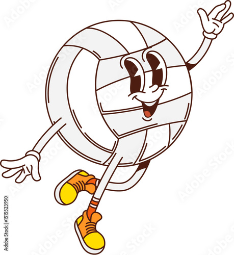 Volleyball game ball sport groovy happy character. Volleyball game club cute vintage vector mascot, game tournament happy hippie groovy character. Sport team championship funny funky personage