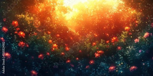 Mysterious luminant colourful forest background illustration. Features dense foliage and flowers glowing vibrantly in red, orange, and yellow with scattered particles and warm light.