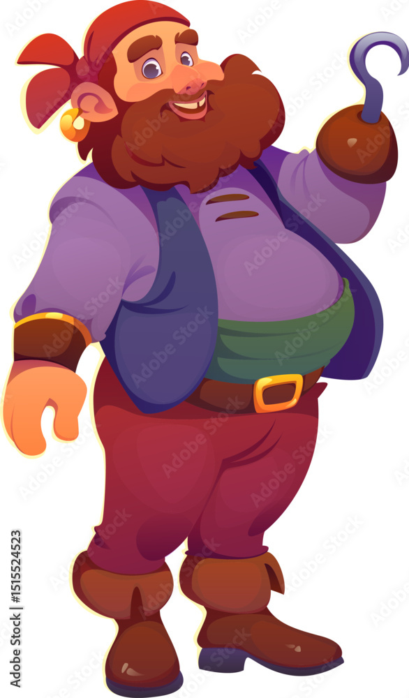 Obraz premium Cartoon pirate and corsair character with hook hand and big grin. Vector chubby, smiling sea thief, ship crew personage with comic expression wears purple jacket, red bandana, and rugged leather boots