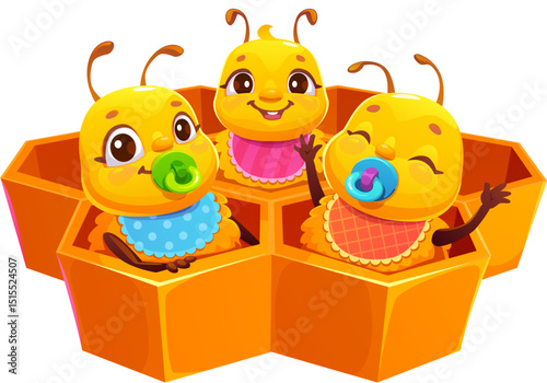 Cartoon cheerful honey bee characters sitting in honeycomb cells with happy smiling faces. Vector cute baby bees with big eyes, bibs and pacifiers with playful expressions, expressing joy and cuteness