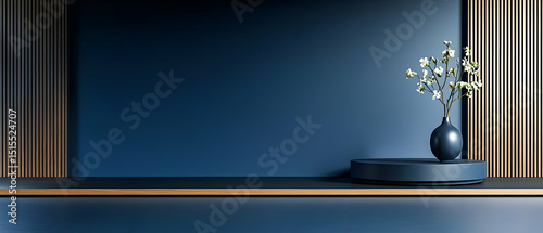 Dark Blue Interior Design With Wooden Panels And Flowers