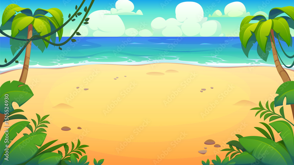 Εκτύπωση καμβά Cartoon tropical island beach landscape with coconut palms, yellow sand, blue ocean waves and bright sunny sky with fluffy clouds, jungle leaves and empty coastline