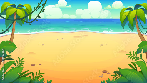 Cartoon tropical island beach landscape with coconut palms, yellow sand, blue ocean waves and bright sunny sky with fluffy clouds, jungle leaves and empty coastline. Vector game level background