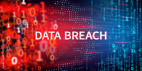 Data breach malware alert, internet cyber attack, ransomware screen. Cybersecurity, information safety and digital data breach protection vector concept with blue and red binary code falling digits