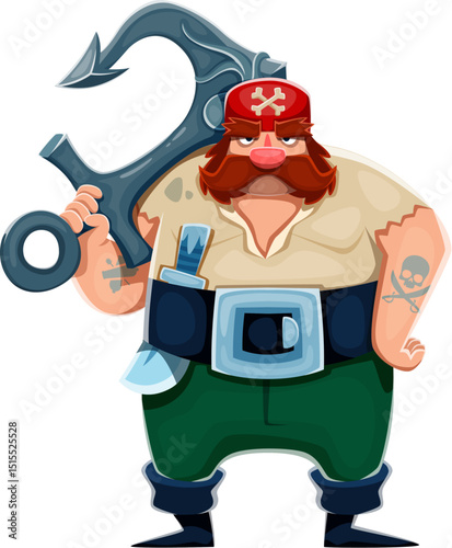 Cartoon pirate and corsair character with big anchor and red bandana. Vector male sailor personage with mustache, tattoos, belt, saber and angry expression, standing in pose with heavy armature