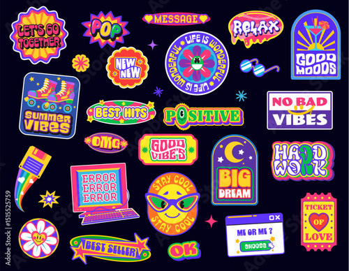 Y2k hippie groovy stickers, funky retro patch labels of vector color geometric shapes and happy emojis. Funny y2k groovy sun and flower emoticons with sunglasses, roller skate and cocktail stickers