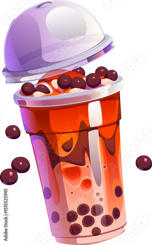 Cartoon milk bubble tea glass. Vector transparent plastic takeaway cup filled with brown sweet beverage, tapioca pearls and slightly open transparent dome lid. Creamy and sweet Asian dessert beverage