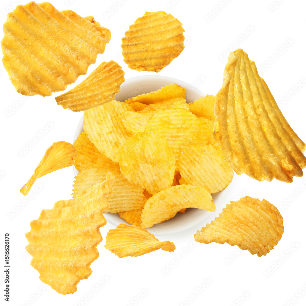 Tasty crispy potato chips falling into bowl on white background, top view Tasty crispy potato chips falling into bowl on white background, top view