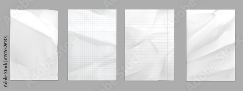 Crumbled wrinkle fold paper sheets with natural creases and texture. Set of realistic 3d vector blank, grid, ruled and ripped vector template or mockup for stationery, presentation, scrapbook, notes