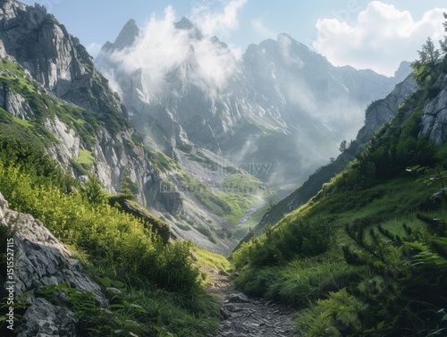 A mountain valley with a path through it. The path is surrounded by trees and rocks. The sky is cloudy and the sun is shining