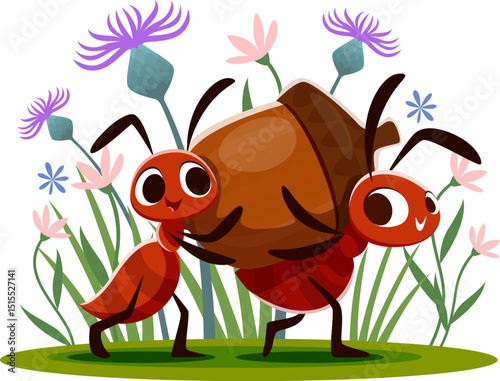 Cartoon ant characters carry an acorn. Vector scene with cute and funny smiling insect personages carrying food together on grassy patch with flowers show teamwork, cooperation and nature harmony