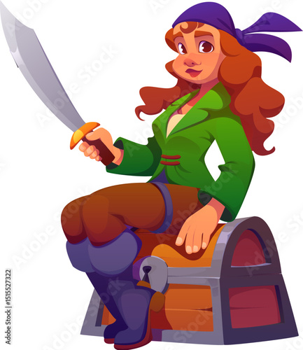 Cartoon woman pirate, sailor and skipper character, boatswain and captain. Fierce corsair or filibuster girl with saber in hand, sits atop a treasure trunk, her eyes gleaming with adventure and fun