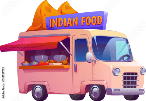 Cartoon Indian food truck car, vintage festival street foodtruck with large samosa on top. Vector retro van selling spicy dishes and ingredients like curry, chili and bowl of traditional street snacks