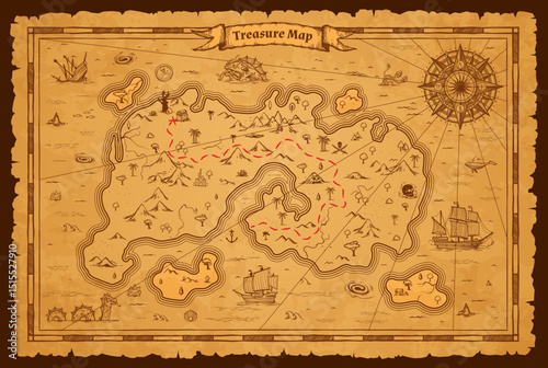 Pirate treasure island ancient map on vector old parchment paper, vintage compass rose and corsair ships. Antique treasure map of islands and sea with route to pirate gold, desert, mountains and trees