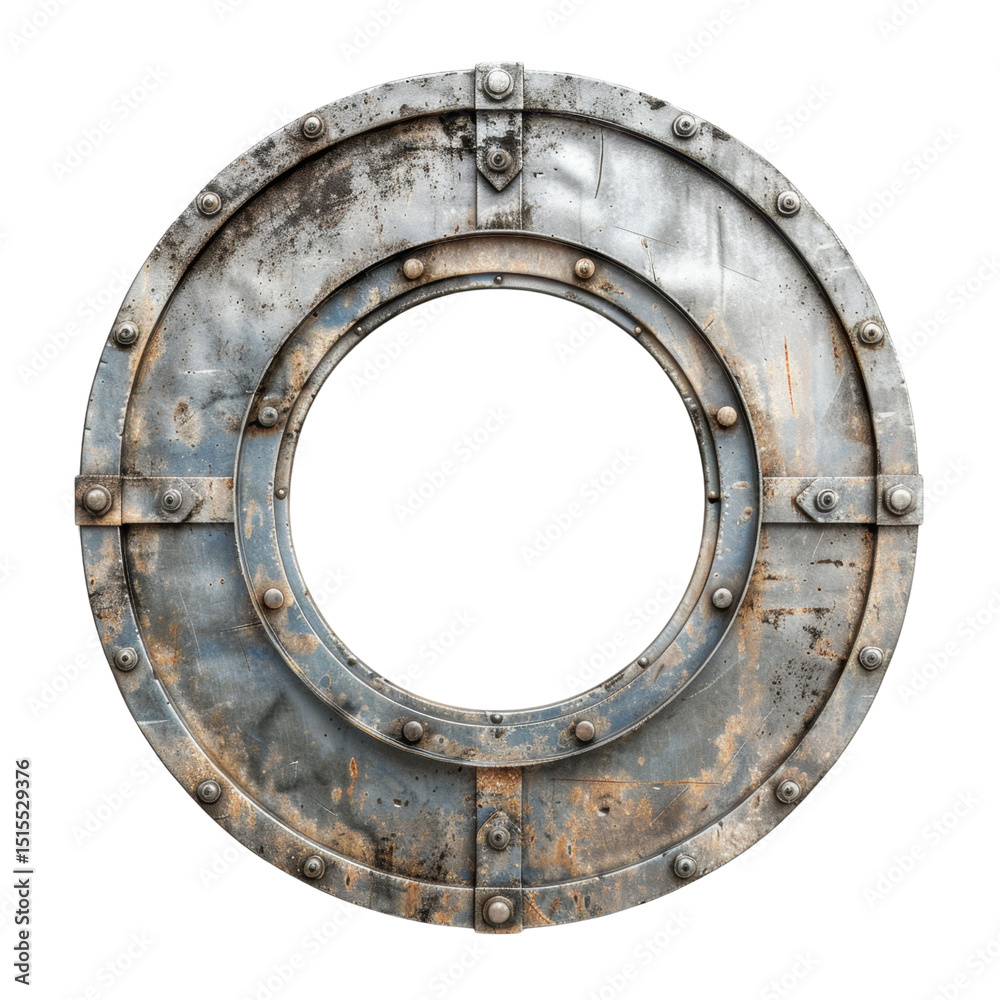 Fototapeta premium Weathered metal porthole with circular design, featuring rust and rivets, evokes sense of maritime adventure and history. This unique piece can enhance nautical themed decor