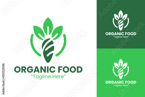 Modern Organic Food Logo with Green Leaf and Carrot Design in Green and White