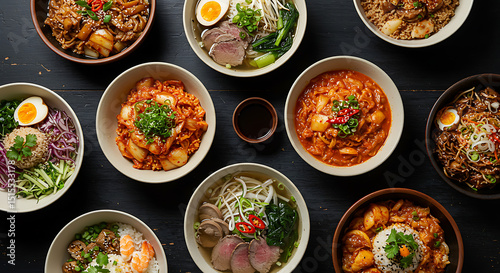 Assorted Asian cuisine dishes displayed in bowls. photo