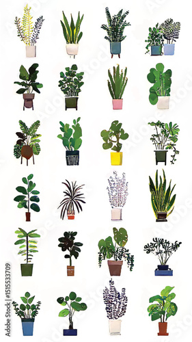 Botanical Illustration of Indoor Plants: Vibrant Greenery for Modern Home Decor with Artistic Floral Design and Diverse Potted Succulents in Decorative Pots