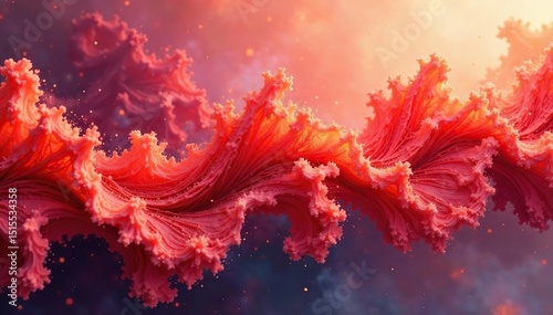 Intense coral & orange watercolor fractal Asymmetrical, soft flowing forms Deep shadows , dynamic, abstract