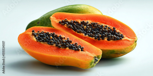  Vibrante papaya cortada y entera con semillas negras, sobre fondo blanco generativa IA