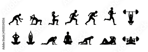 Collection of Sport Workout Exercise Silhouettes Performing Running Yoga and Weightlifting isolated on White