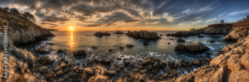 wild rocky ocean cove at sunset
