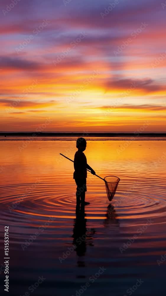 Child Fishing Silhouette at Sunset Over Calm Waters with Vibrant Colors Child Fishing Silhouette at Sunset Over Calm Waters with Vibrant Colors