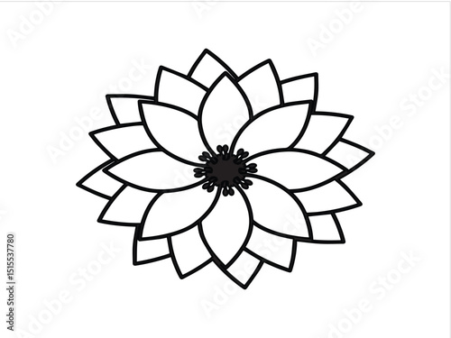The image displays a symmetrical black-and-white flower design, resembling a lotus or mandala.