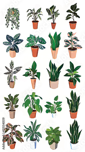 Artistic Botanical Illustration of Houseplants in Pots: Modern Style Indoor Gardening with Decorative Greenery and Leafy Foliage for Eco-Friendly Home Decor