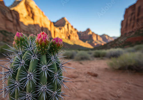 Blooming cactus in desert landscape scenic view of arizona canyon national park nature photography travel