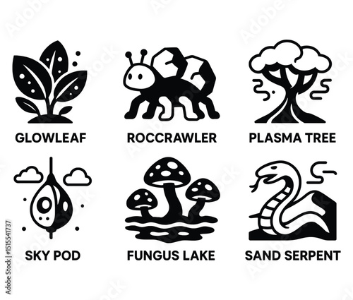 Alien Planet Ecosystem Icons Set – Sci-Fi Black and White Vector Designs (Glowleaf, Rockcrawler, Plasma Tree & More)