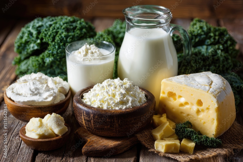 Rustic wooden table displays dairy products milk, yogurt, cream, cheese, butter, and kale Rustic wooden table displays dairy products milk, yogurt, cream, cheese, butter, and kale