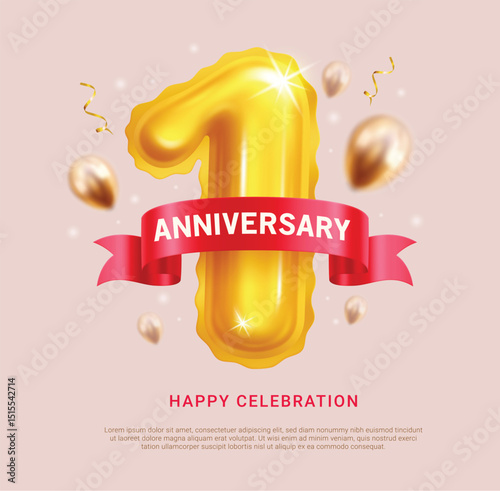1st anniversary invitation card clipart design. Anniversary greeting with number 1 metallic gold inflatable balloon element clip art for happy celebration template vector illustration.
